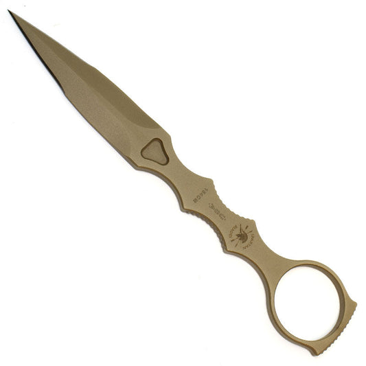 Spartan Blades CQB Tool ring dagger in FDE finish with tan Kydex sheath, saber ground blade design