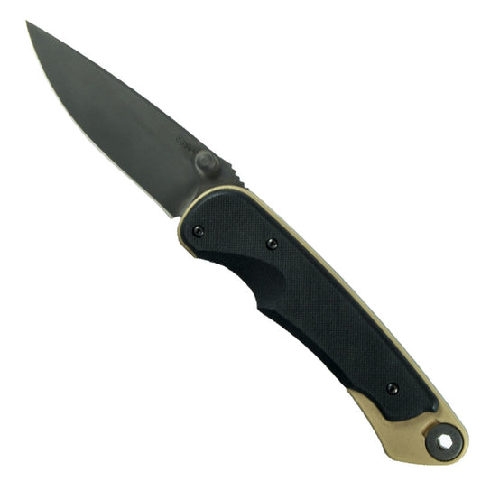 Spartan Blades Arkibis Folder with black drop point blade and titanium handle, tip-up pocket clip visible