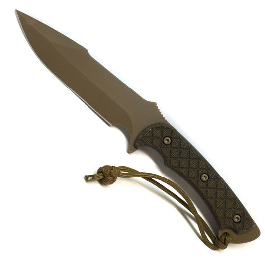 Spartan Blades Horkos combat knife with FDE coated blade, green Micarta handle, and tan nylon sheath