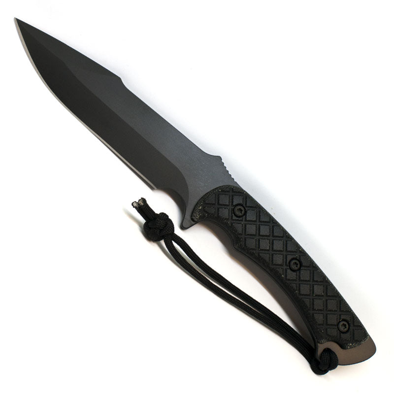 Spartan Blades Horkos combat utility knife with black coated blade and black Canvas Micarta handle