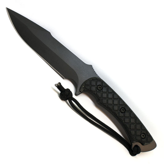 Spartan Blades Horkos combat utility knife with black coated blade and black Canvas Micarta handle