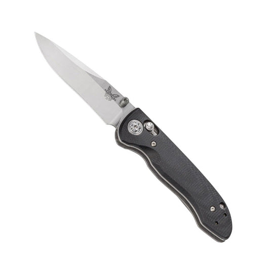 Benchmade Foray folding knife with satin CPM-20CV blade and black G10 handle scales showing AXIS lock mechanism