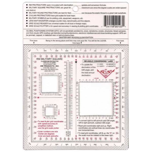 RM Military Square Protractor with printed conversion formulas and alignment diagrams for land navigation