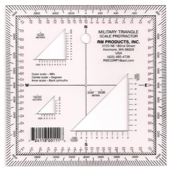 RM Military Triangle Protractor with printed conversion formulas and alignment diagrams for land navigation