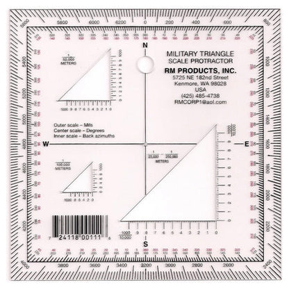 RM Military Triangle Protractor with printed conversion formulas and alignment diagrams for land navigation