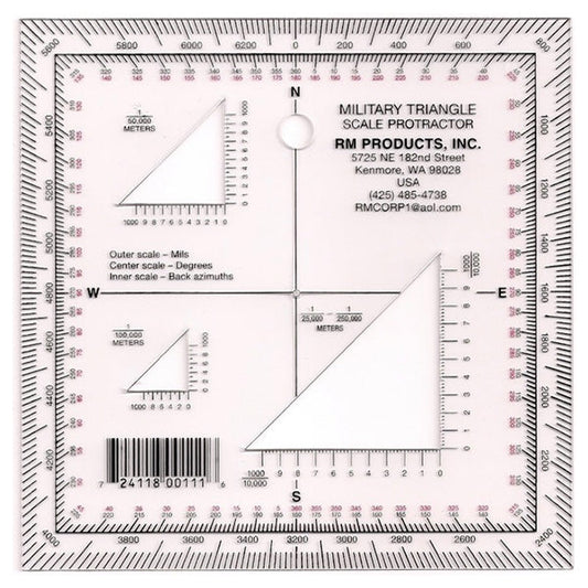 RM Military Triangle Protractor with printed conversion formulas and alignment diagrams for land navigation