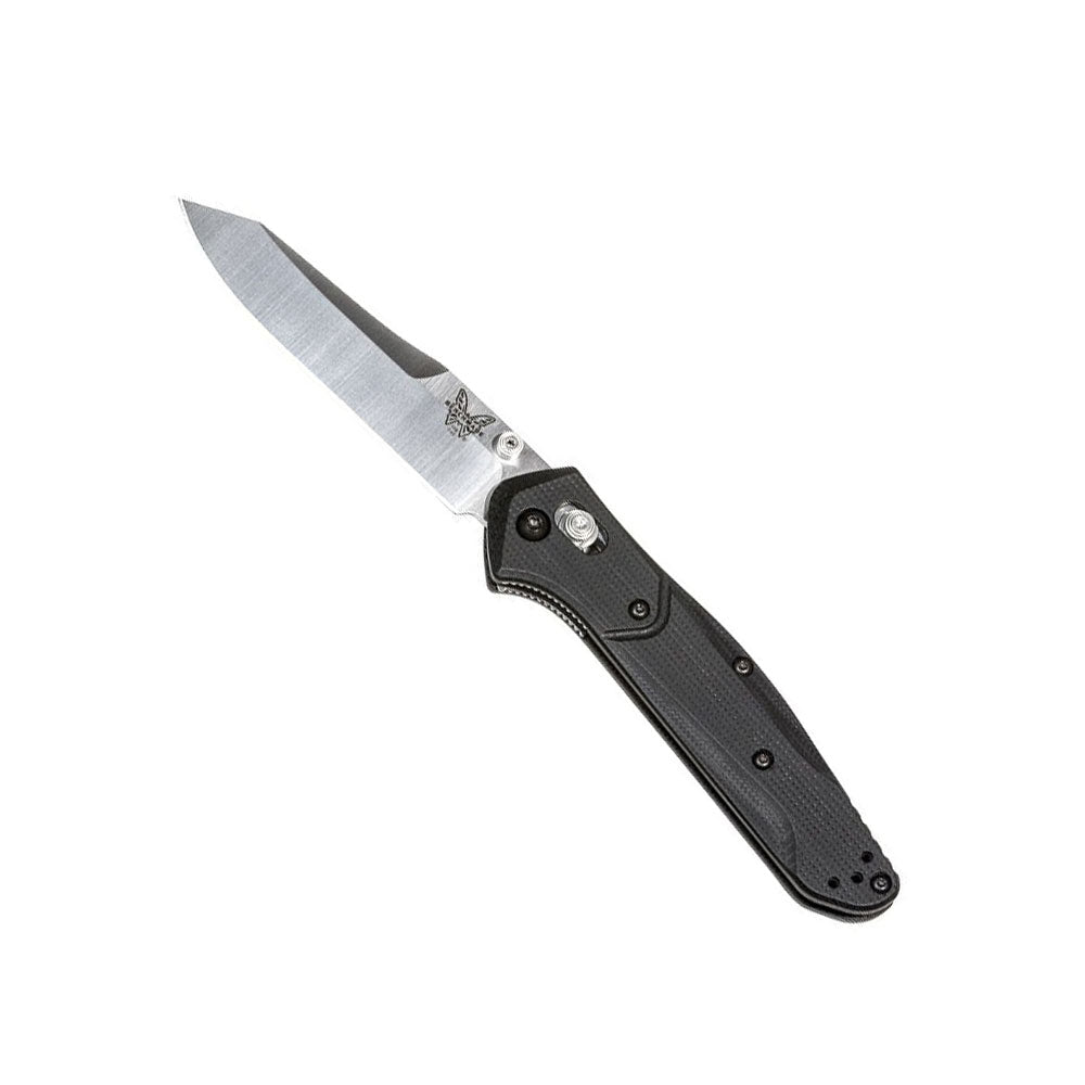 Benchmade 940-2 Osborne folding knife with black G10 handles and satin finished reverse tanto blade
