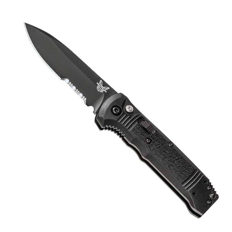 Benchmade 4400SBK Casbah automatic knife with black handle and serrated blade in open position
