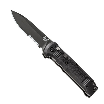 Benchmade 4400SBK Casbah automatic knife with black handle and serrated blade in open position