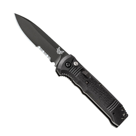 Benchmade 4400SBK Casbah automatic knife with black handle and serrated blade in open position