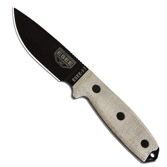 ESEE-3MIL tactical knife with black blade and olive drab MOLLE-compatible sheath system