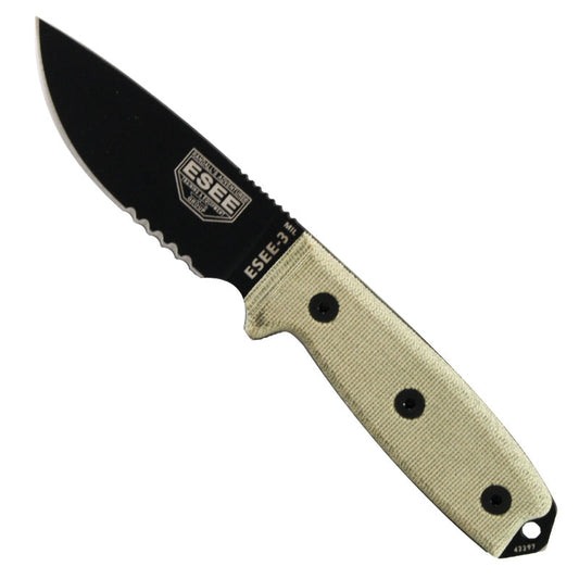 ESEE-3MIL tactical knife with black blade, partial serrations, glass breaker pommel, and black MOLLE-compatible sheath