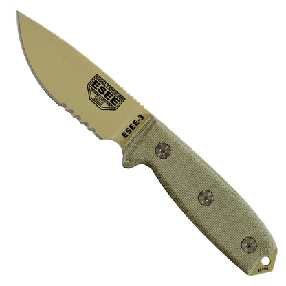 ESEE-3 partial serrated fixed blade knife with desert tan coating and OD green MOLLE sheath