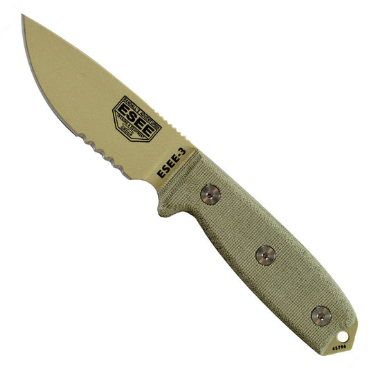 ESEE-3 partial serrated fixed blade knife with desert tan coating and OD green MOLLE sheath