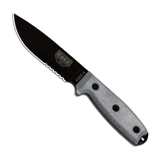 ESEE-4 partial serrated fixed blade knife with black coated blade and coyote brown MOLLE compatible sheath