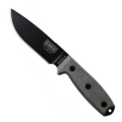 ESEE-4 fixed blade knife with black blade and black MOLLE-compatible sheath on white background