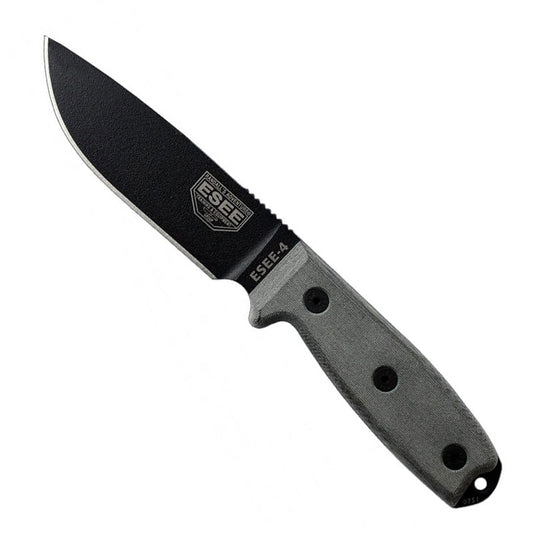 ESEE-4 fixed blade knife with black blade and black MOLLE-compatible sheath on white background