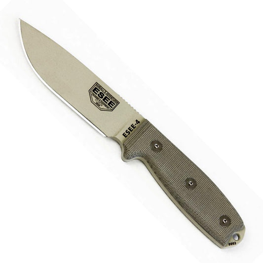 ESEE-4 fixed blade knife with desert tan blade coating and OD green MOLLE-compatible sheath