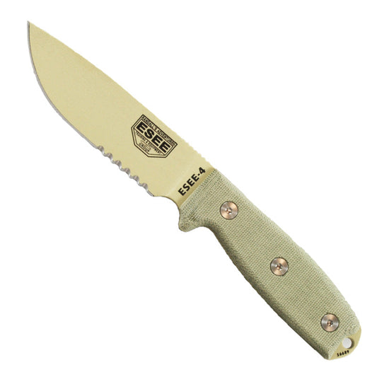 ESEE-4 fixed blade knife with partial serrated edge, desert tan coating, and OD green MOLLE sheath on white background