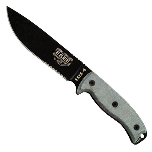 ESEE-6 partial serrated survival knife with black textured blade and linen micarta handle scales shown with black molded