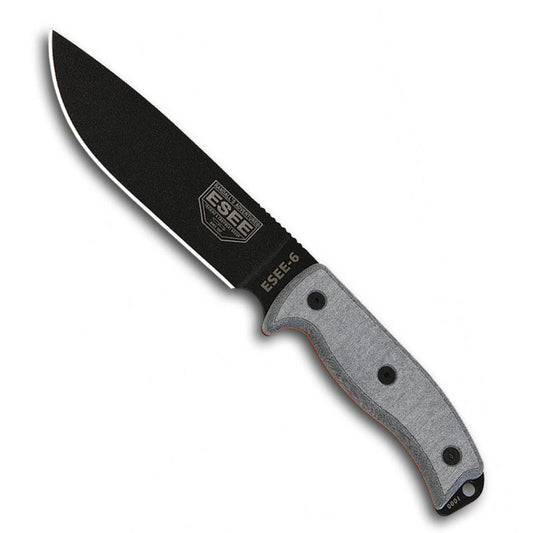 Esee 6 fixed blade knife with black textured blade and tan micarta handle scales on white background