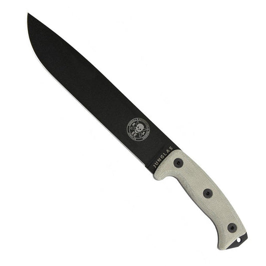 ESEE Junglas black machete with 16.5 inch overall length and 9.75 inch cutting edge on white background