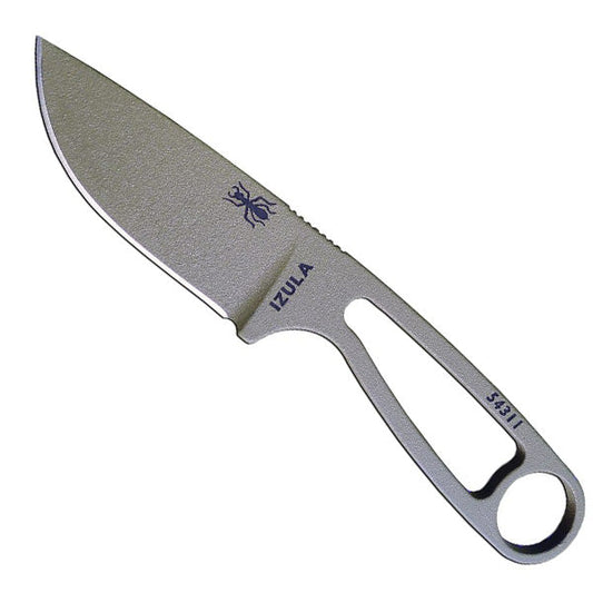 ESEE Izula fixed blade knife with desert tan powder coat finish and black molded sheath with clip plate attachment system