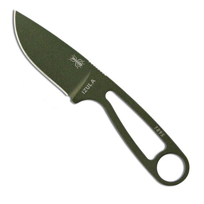 ESEE Izula fixed blade knife with OD green textured powder coat finish and black molded sheath with clip plate