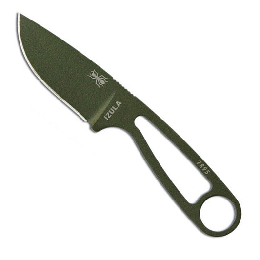 ESEE Izula fixed blade knife with OD green textured powder coat finish and black molded sheath with clip plate