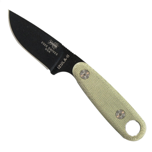 ESEE Izula-II fixed blade knife with black textured coating, canvas micarta handle scales, and molded sheath with survival