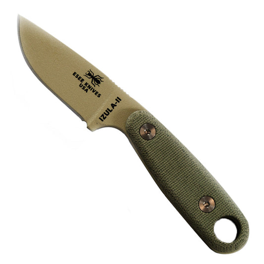 ESEE Izula-II fixed blade knife with desert tan finish, canvas micarta handle scales, and black Kydex sheath with survival