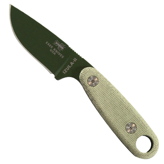 ESEE Izula-II fixed blade knife with OD finish, canvas micarta handle scales, and molded sheath with survival kit components