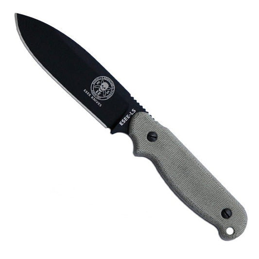 Esee Laser Strike fixed blade knife with black textured blade and contoured handle, shown with Kydex sheath