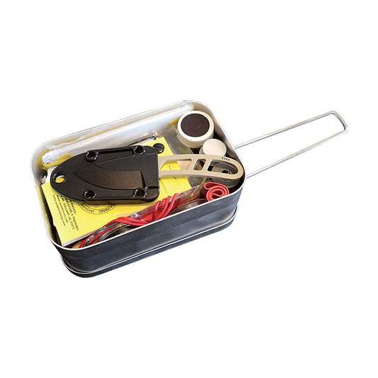 ESEE Mess Tin Kit survival gear laid out showing knife, compass, fire steel, and emergency supplies in metal container