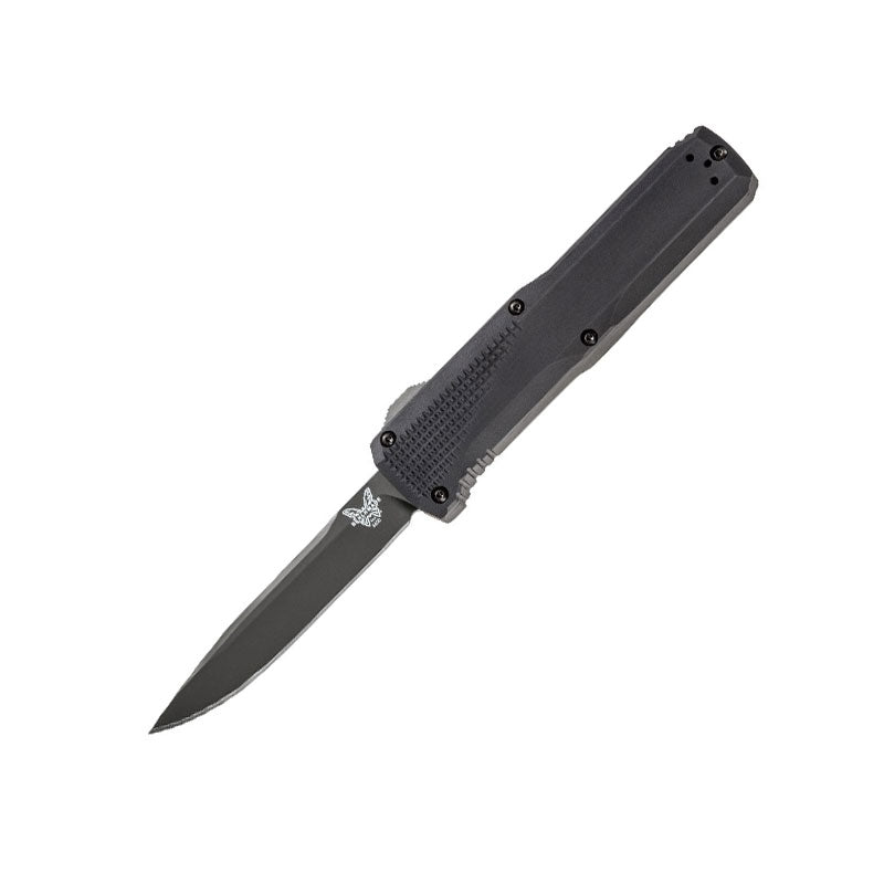 Benchmade 4600DLC Phaeton automatic OTF knife with dark earth aluminum handle and black DLC coated drop point blade