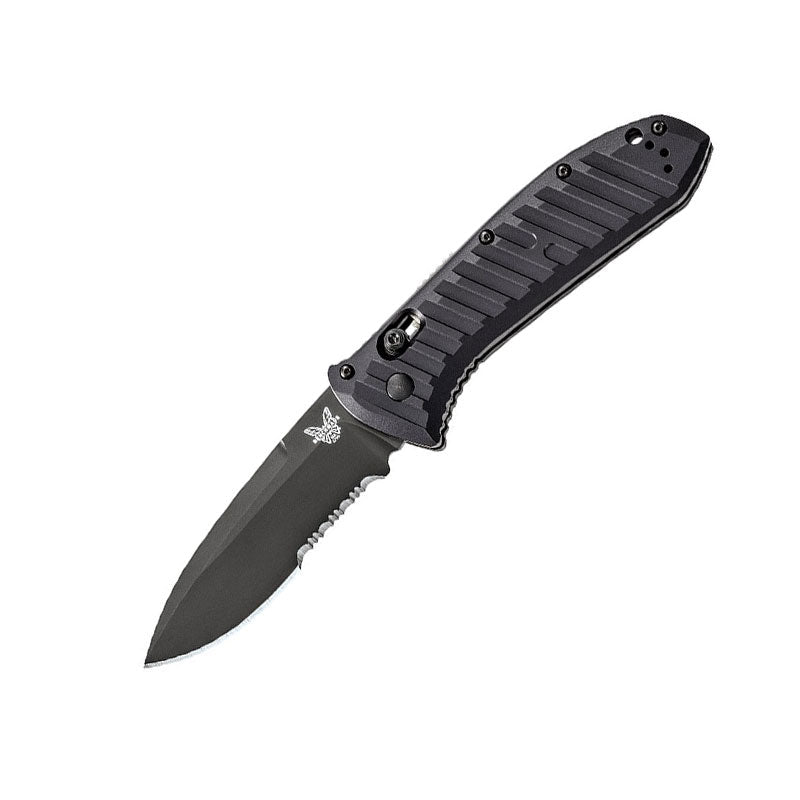 Benchmade 5700SBK automatic tactical knife with black aluminum handle and serrated drop-point blade