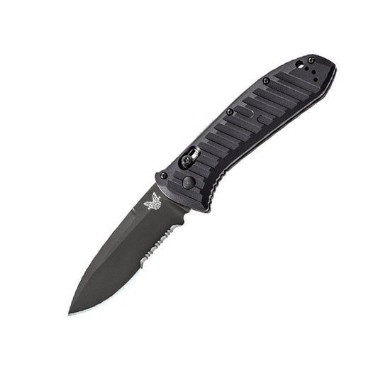 Benchmade 5700SBK automatic tactical knife with black aluminum handle and serrated drop-point blade