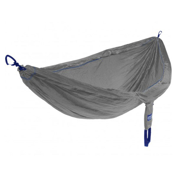 Eagles Nest Outfitters DoubleNest hammock in grey and royal blue colorway with compression sack
