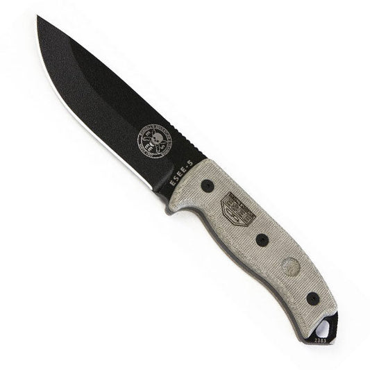 ESEE 5 plain edge survival knife with black textured blade, canvas micarta handle, and black Kydex sheath with clip plate