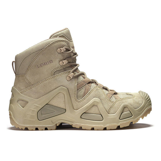 Lowa Zephyr Mid TF Desert quarter-cut tactical boots in tan desert colorway with fabric lacing loops