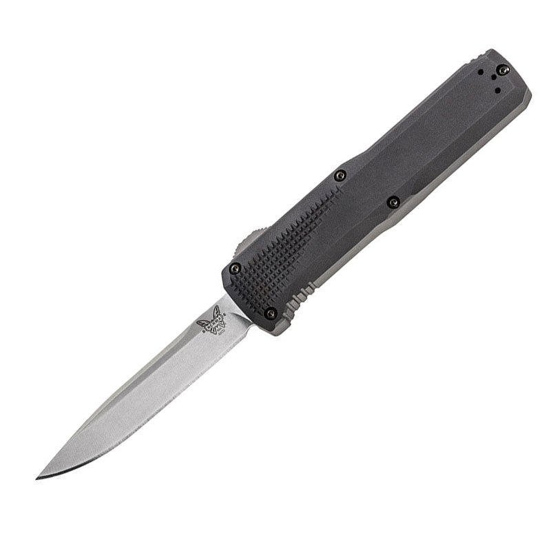 Benchmade 4600 Phaeton automatic knife with black aluminum handle and satin finished drop-point blade