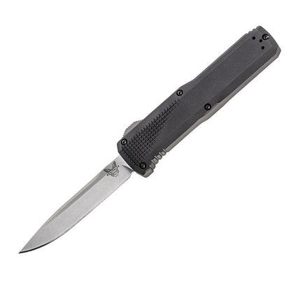 Benchmade 4600 Phaeton automatic knife with black aluminum handle and satin finished drop-point blade