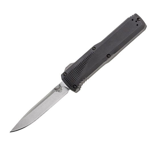Benchmade 4600 Phaeton automatic knife with black aluminum handle and satin finished drop-point blade
