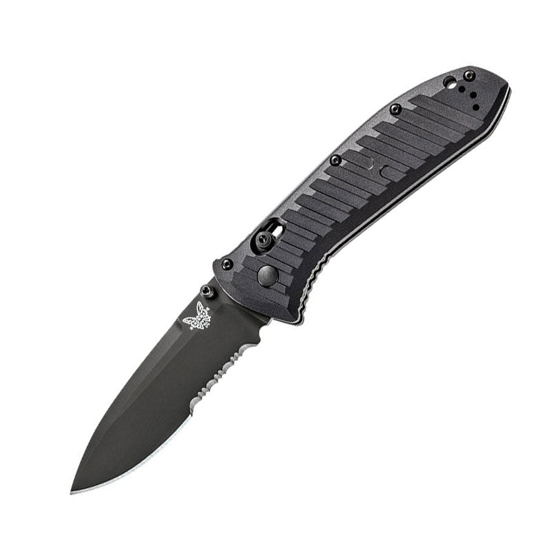 Benchmade 570SBK Presidio II folding knife with black aluminum handle and serrated blade in open position