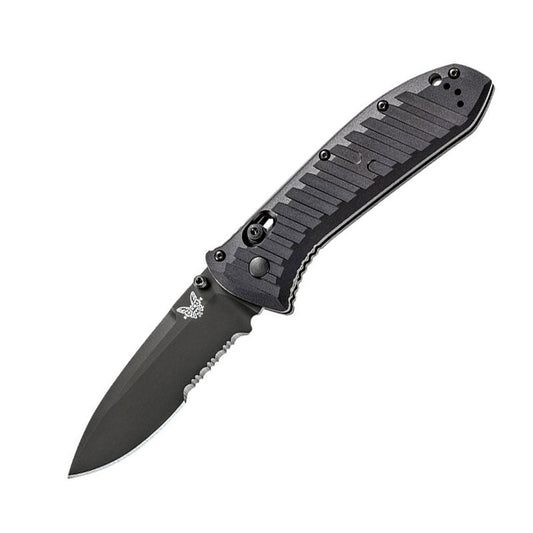 Benchmade 570SBK Presidio II folding knife with black aluminum handle and serrated blade in open position