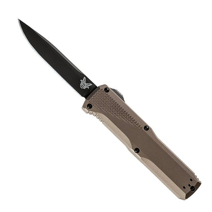 Benchmade 4600DLC-1 Phaeton automatic OTF knife with dark earth handle and black DLC coated blade deployed