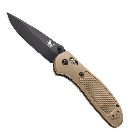 Benchmade 551BKSN Griptilian folding knife with black coated blade and tan nylon handle showing AXIS lock mechanism