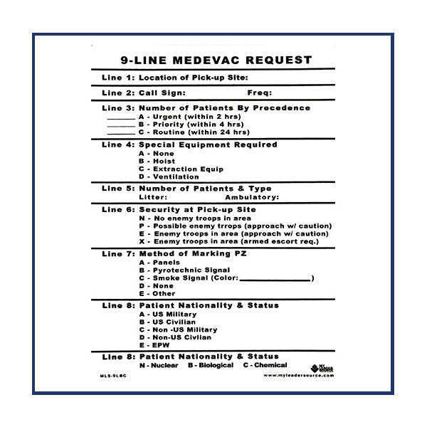 My Leader Source 9-Line MEDEVAC Card waterproof medical reference tool for emergency evacuations