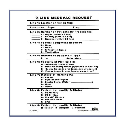 My Leader Source 9-Line MEDEVAC Card waterproof medical reference tool for emergency evacuations