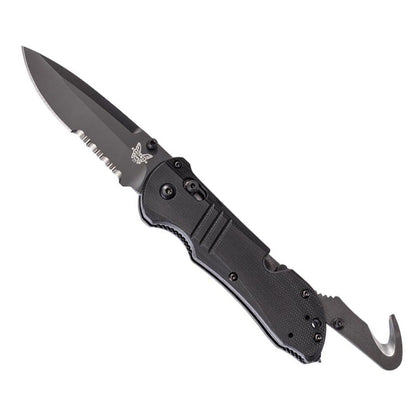 Benchmade 917SBK Tactical Triage folding knife with black G10 handle, serrated blade, and glass breaker tip